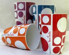Verner Panton artwork design mug. Porcelain insulated mug awarded the FORM '03 prize & DesignPlus prize in '04.  Classic!  $12.99 ea. or 4 for $40.  Buy Verner Panton design mugs at Zeto Greensboro. 336.574.2850 or outside NC 1.800.242.3351